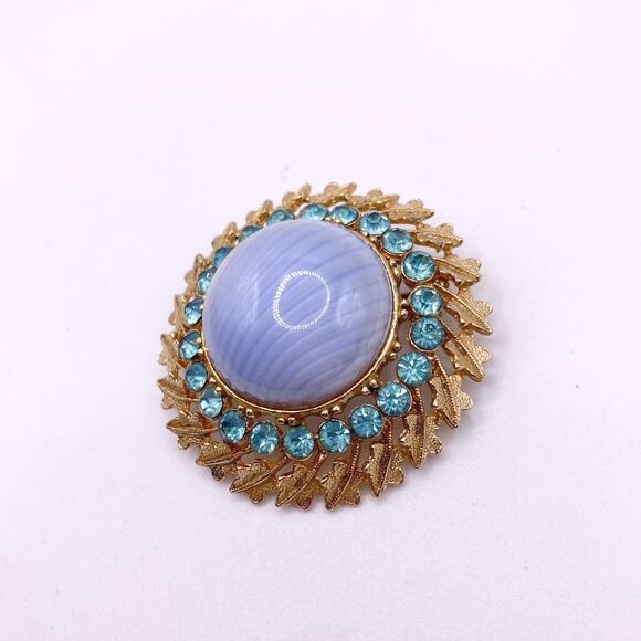 Vintage Vintage Blue Marbled Domed Art Glass & Blue Rhinestones Pin Brooch 2” - Picture 5 of 6